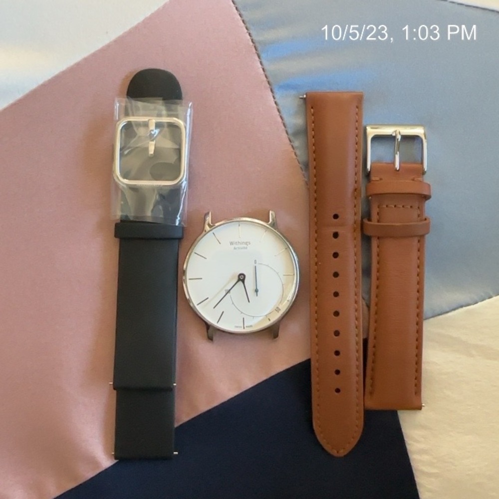 Withings Activate Watch with new black strap and tan Italian leather strap.